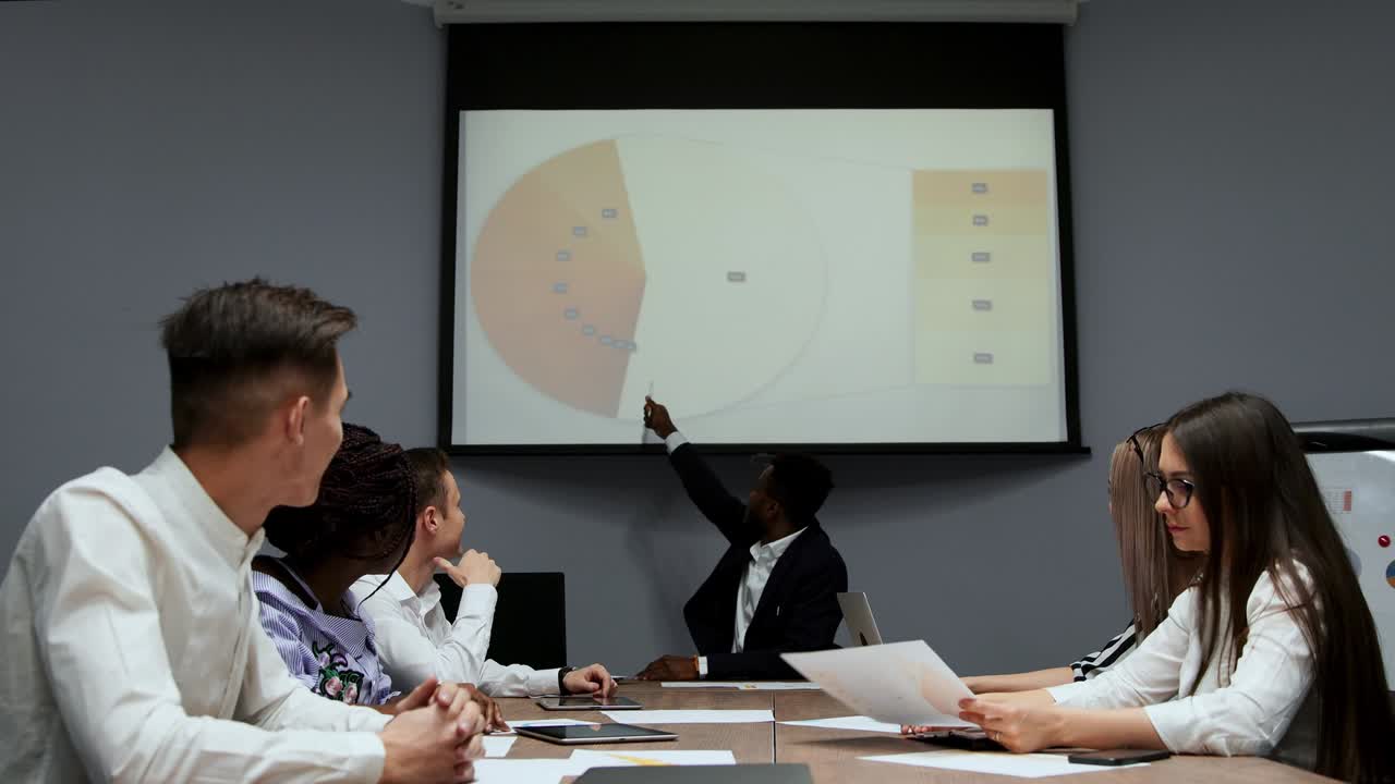 아프리카계 미국인 감독과 함께 한 다민족 그룹은 회사에서 일어나는 문제에 대해 이야기하고 회의실 화면의 그래프에서 문제 해결에 대해 논의합니다.