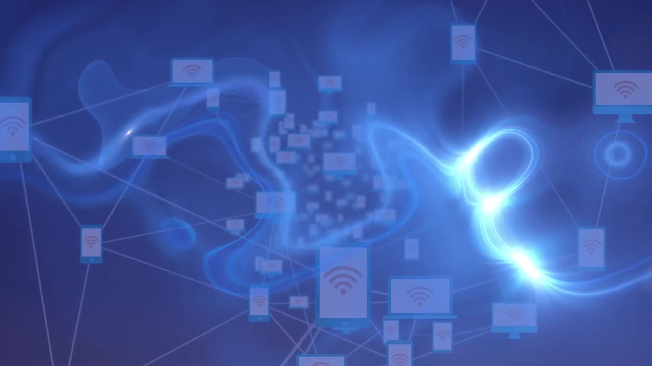 파란색 연기 위의 아이콘으로 연결 네트워크의 애니메이션