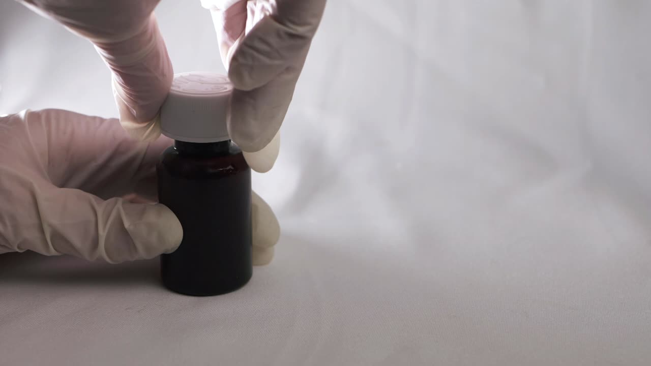 흰 장갑을 끼고 약병에 모자를 씌우고 총을 닫습니다