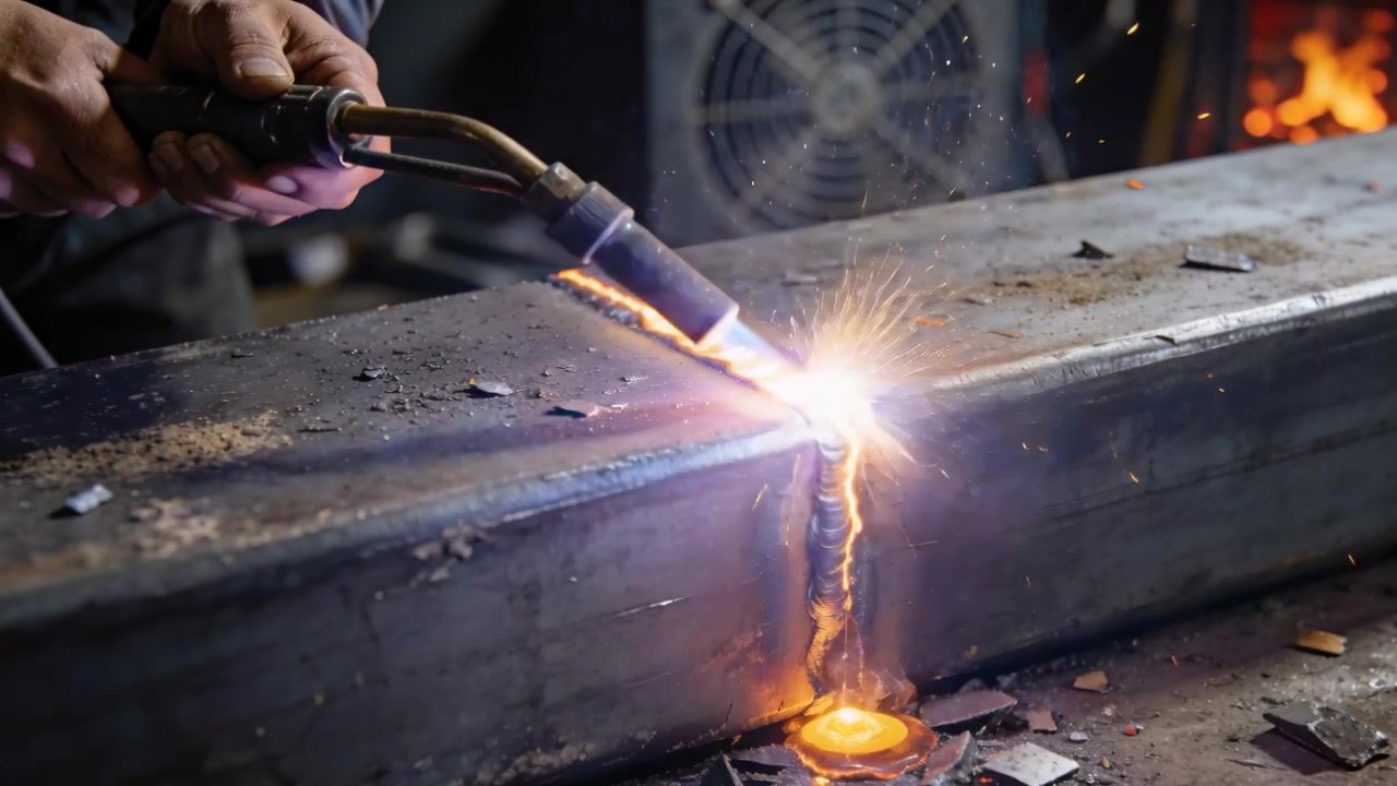 Punta della torcia da taglio che tocca la giunzione, mani guantate che guidano la torcia ossidrica lungo una barra d'acciaio, creando un taglio fuso.