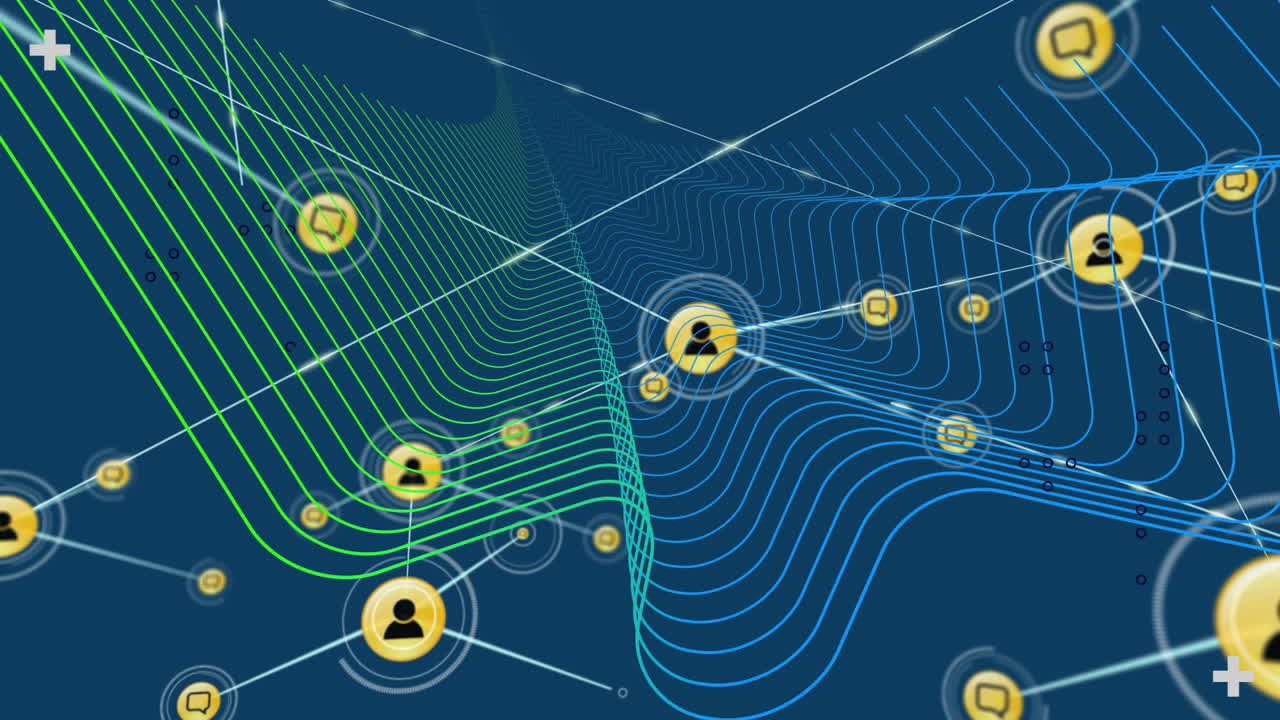 Animation of network of people icons and speech bubbles over curved grid lines on blue background
