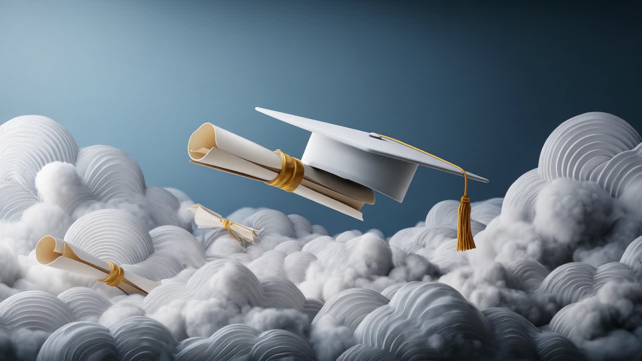 Celebration of Achievement: A Graduation Cap and Diplomas Soar Above the Clouds in a Inspirational Scene, Symbolizing Success, Knowledge, and New Beginnings in Education