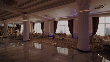 Luxurious-elegant-restaurant-interior-just-before-a-party-begins,-marble-reflections,-sunlight-through-the-windows