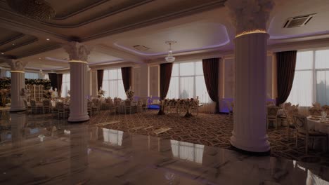 luxurious elegant restaurant interior just before a party begins, marble reflections, sunlight through the windows