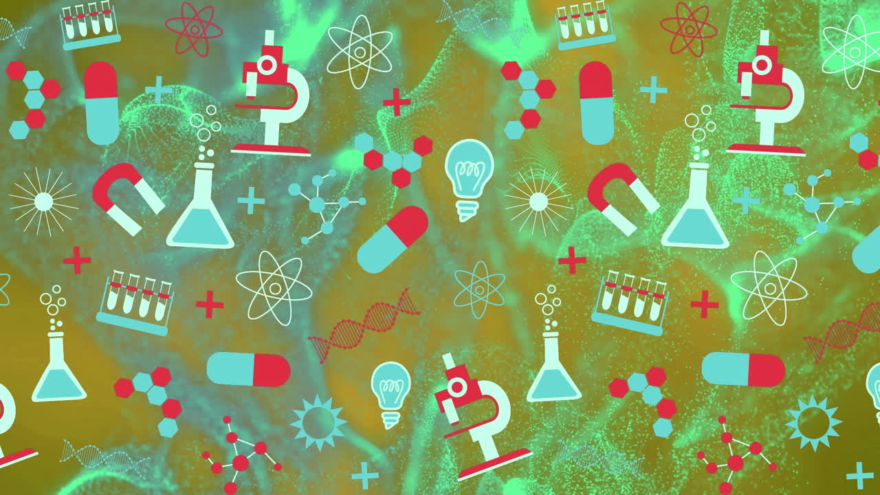 초록색 배경 위에 학교 물건과 에너지의 애니메이션