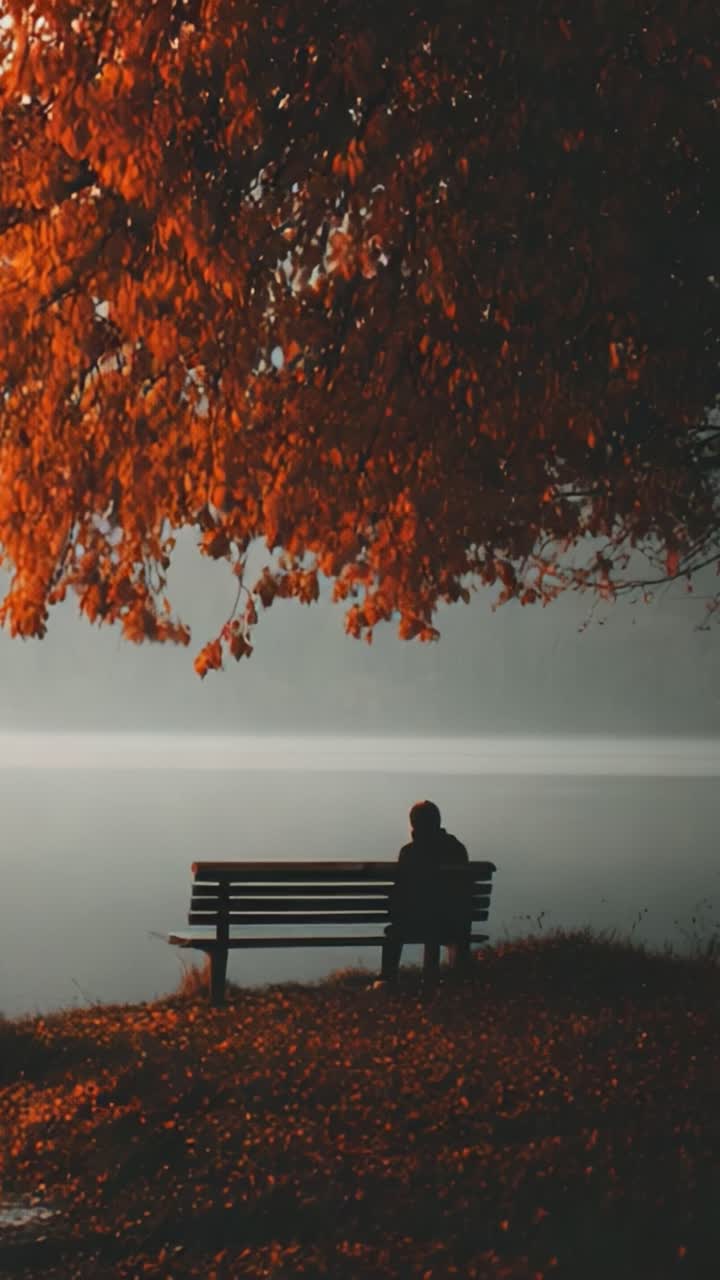 A Tranquil Moment of Reflection by a Serene Lake in Autumn, Surrounded by Vibrant Orange Leaves and a Peaceful Atmosphere of Solitude