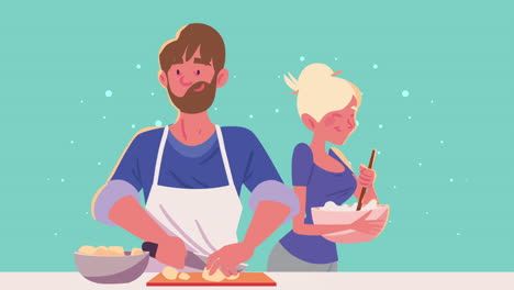 young couple cooking kitchen recipe animation