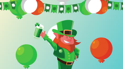 happy saint patricks day animation with leprechaun drinking beer and balloons helium