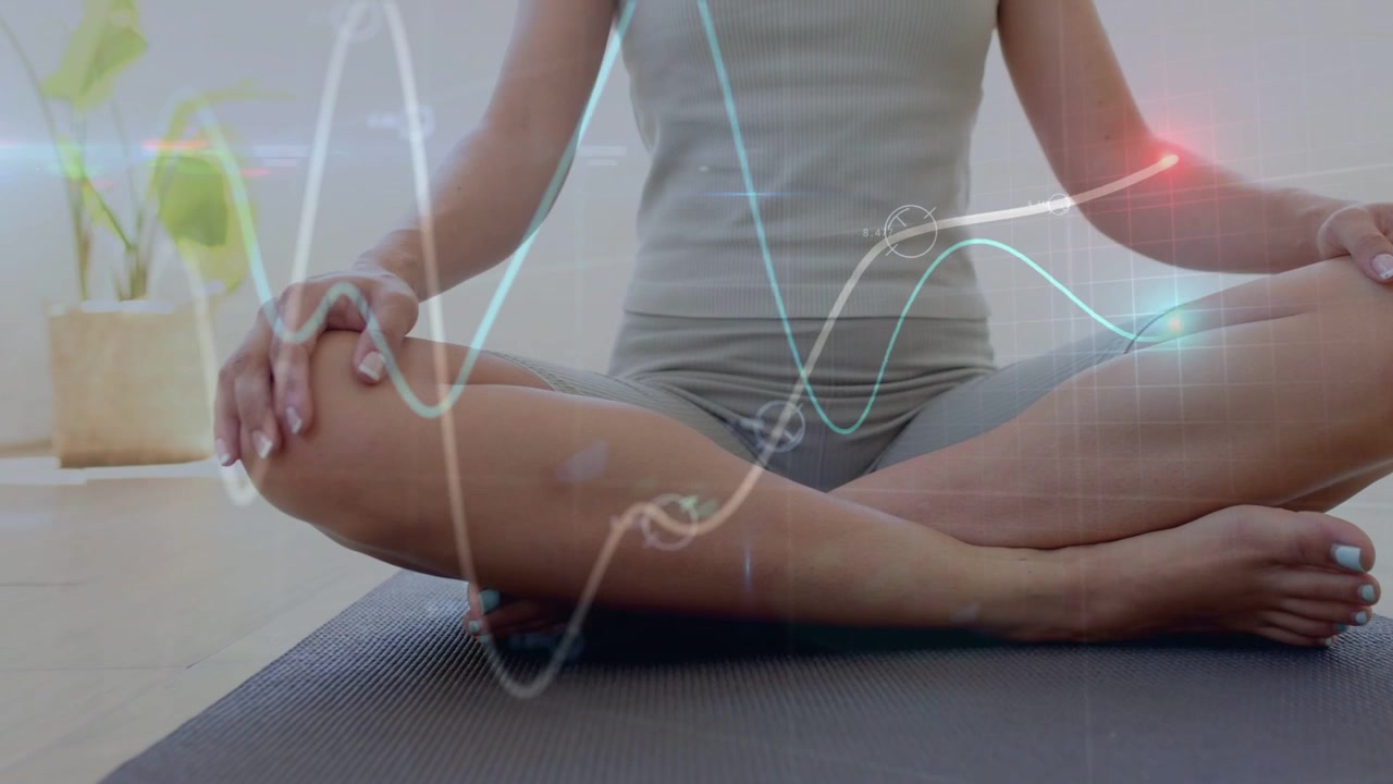 Mujer practicando meditación en una esterilla, la respiración iniciando formas de onda animadas que se alinean con las rodillas para la calma