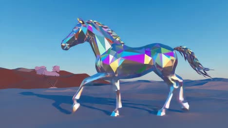 low poly crystal horse in desert landscape