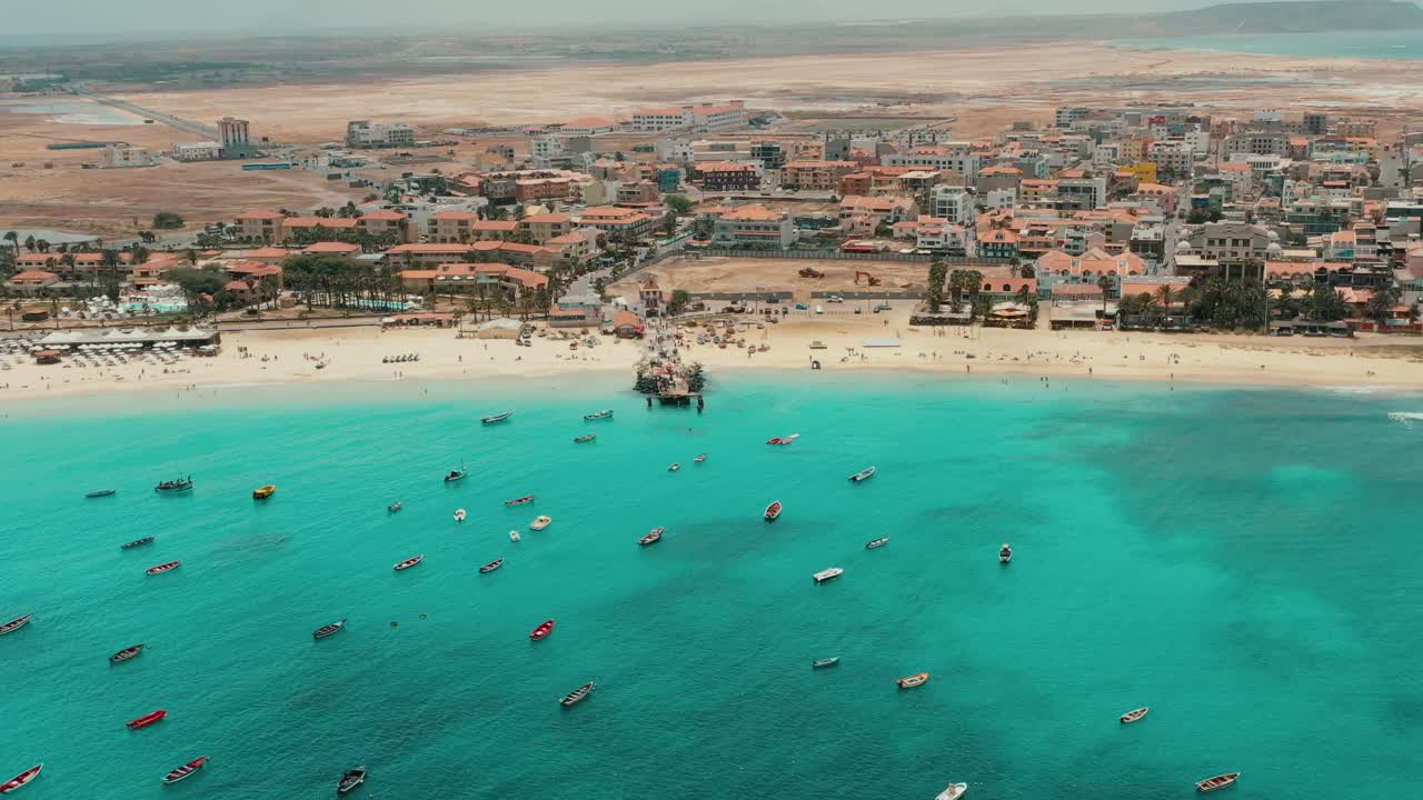 Santa Maria Town And Pier On The Sal Island, Cape Verde, Africa. Aerial Wide Shot