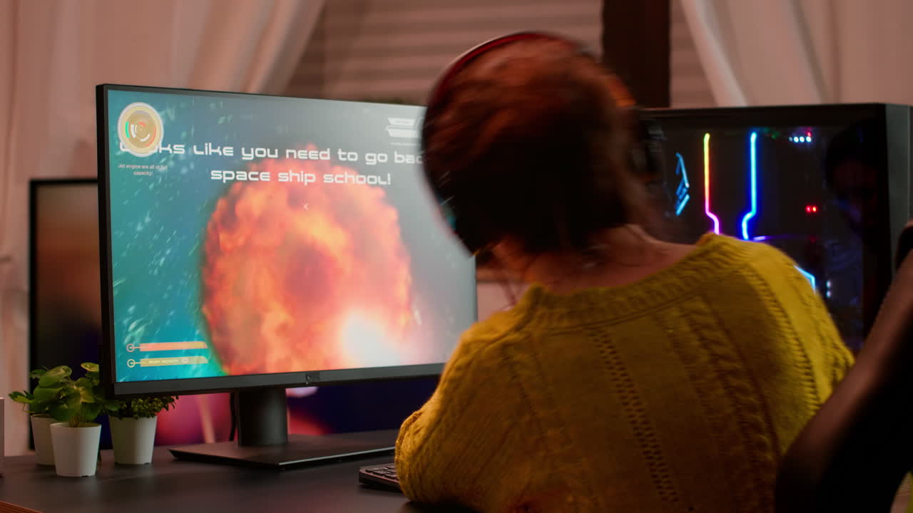 Angry professional gamer gaming over during an space shooter game