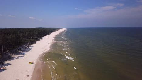 Drone-footage-of-a-sandy-beach,-sunny-summer-day,-Baltic-Sea,-Poland,-Lubiatowo