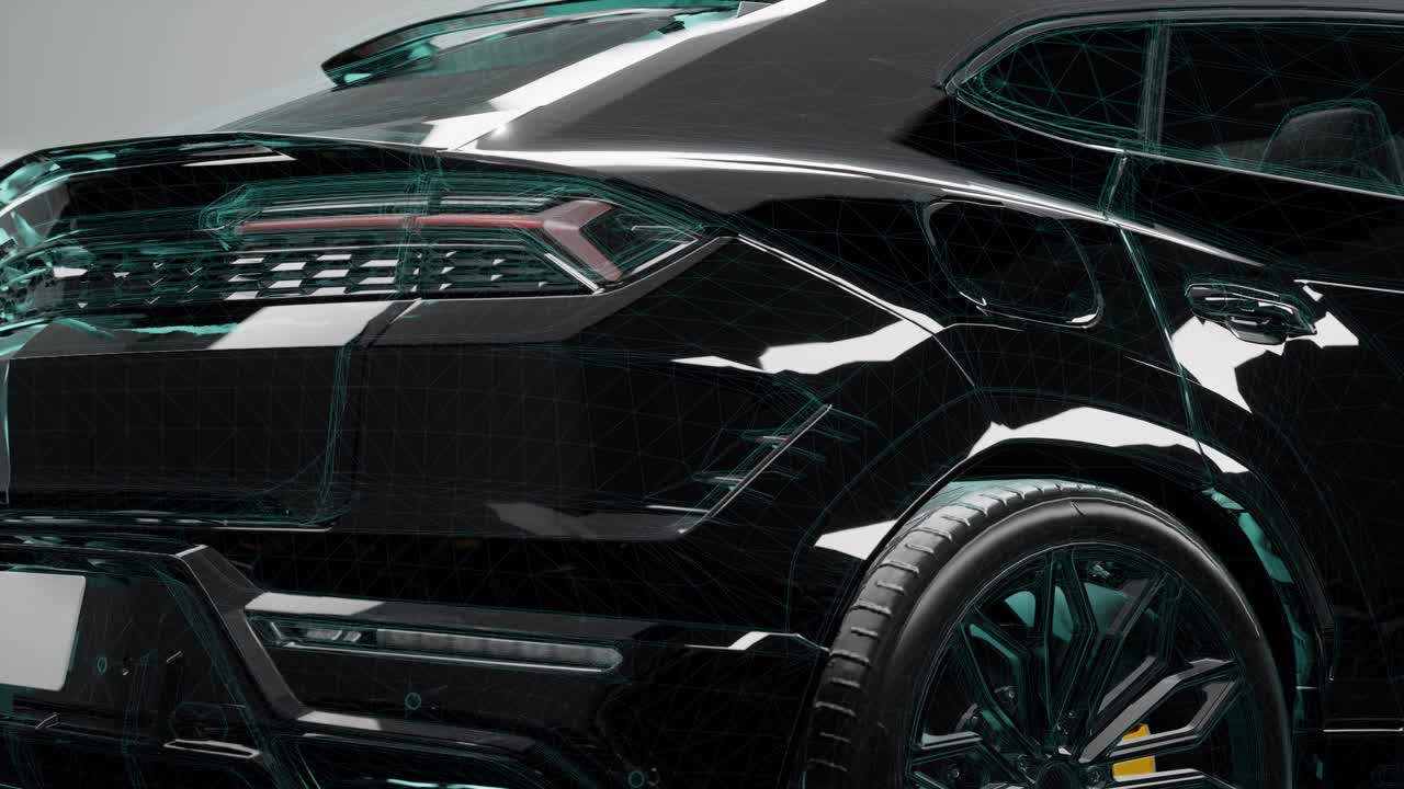 SUV di Lusso, Vista Posteriore Tre Quarti con Wireframe Digitale e Finitura Lucida