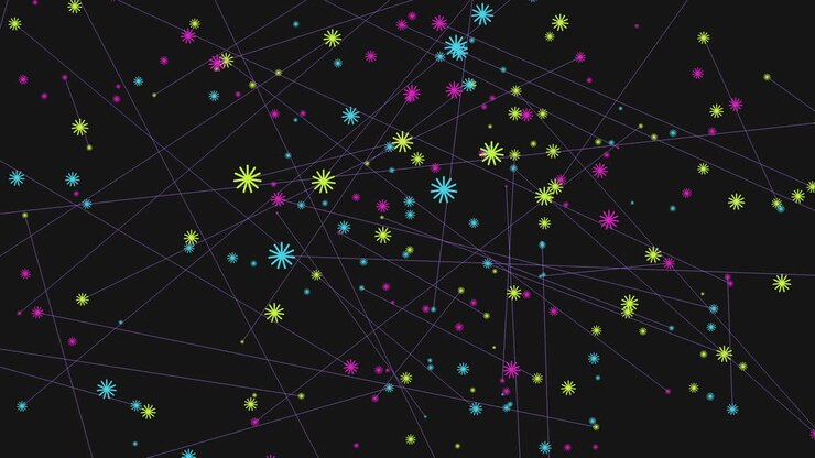 Colorful snowflake network of dots in a grid pattern on black background
