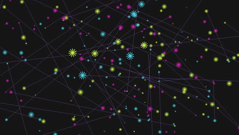 colorful snowflake network of dots in a grid pattern on black background