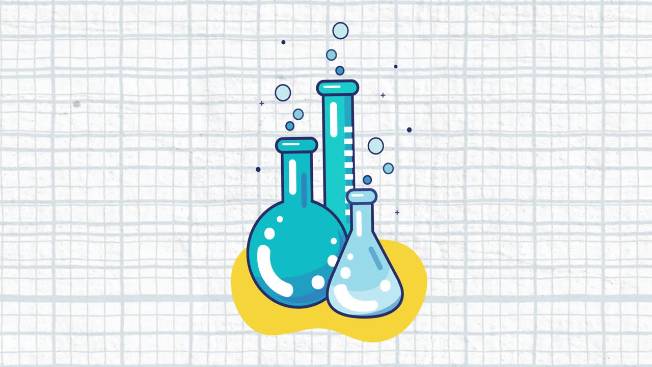 Animation of several test tubes and beakers with blue grid on a white background