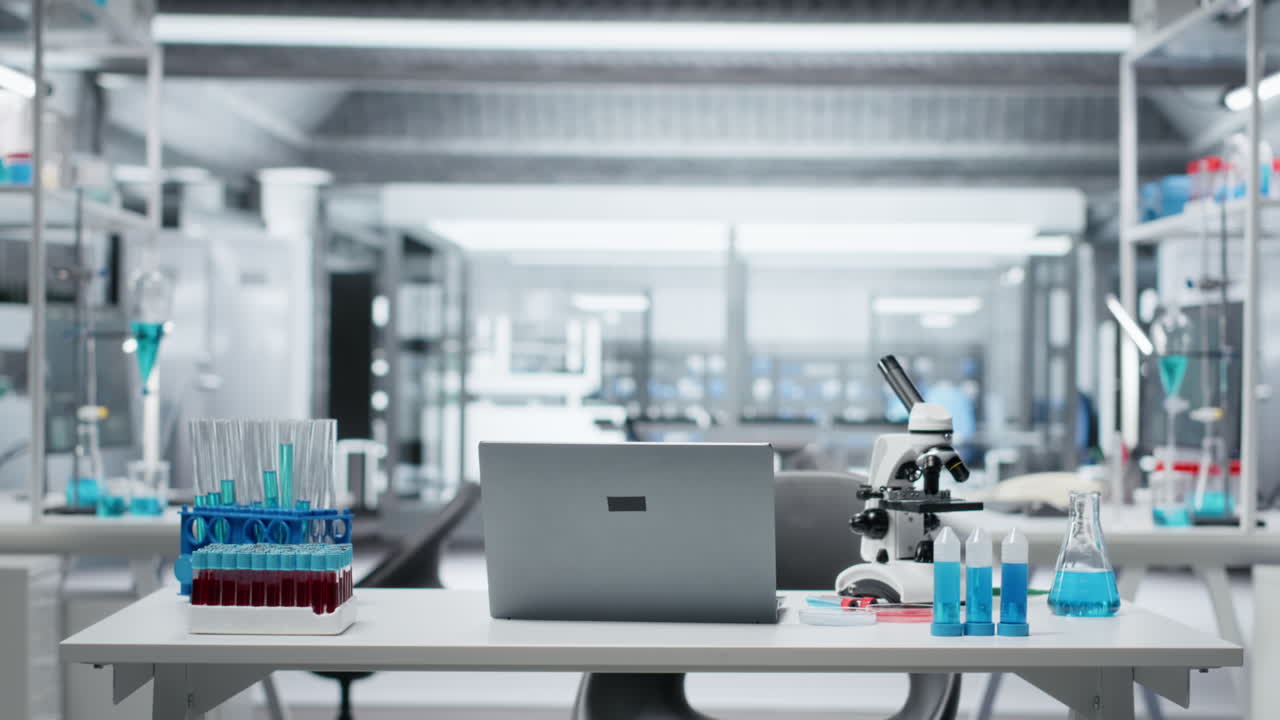 Sterilt medicinsk laboratorium med reagensglasstativer på arbejdsbord.