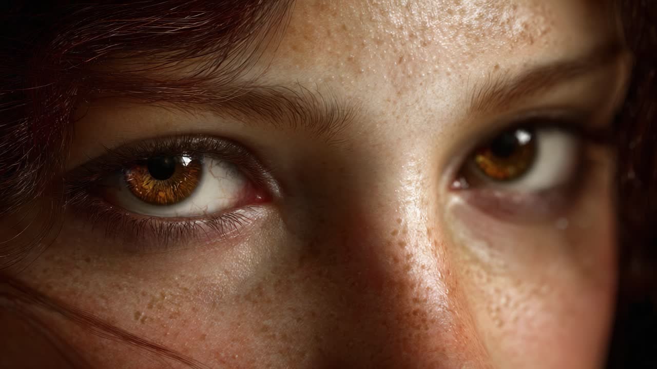 A Captivating Journey from Gaze to Serenity: The Evolution of Expression Captured Through Two Intimate Frames Highlighting Eyes and Emotion