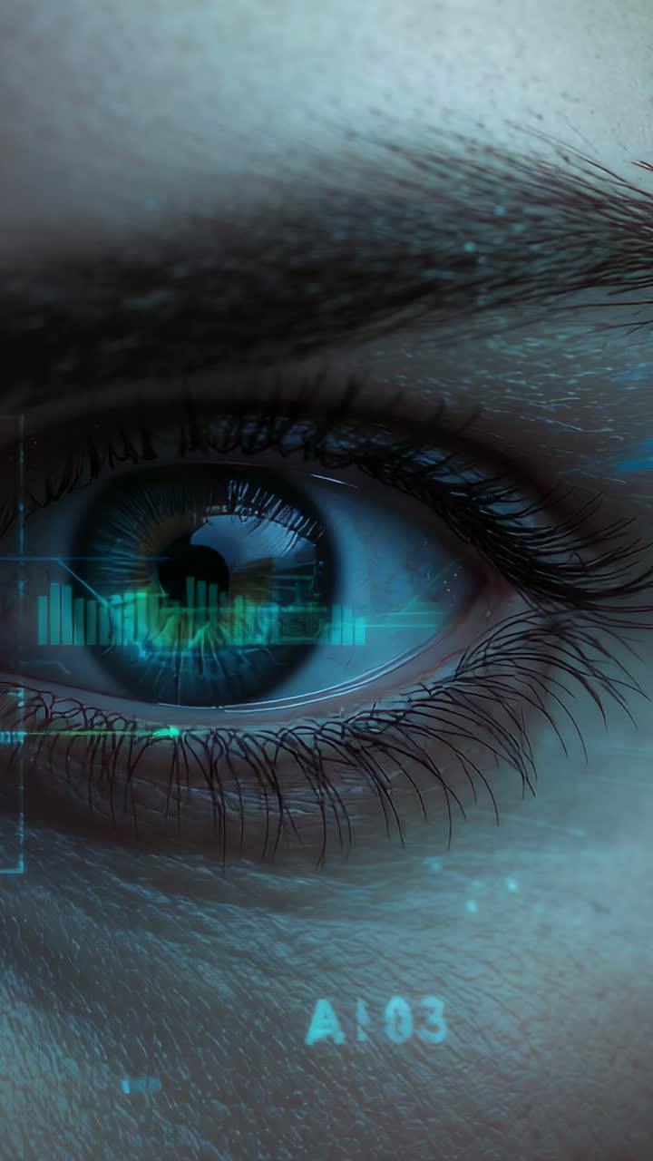 Vertical video: Activating HUD scanning eye at lab closeup, bars to ring to scan lines for ID, A102
