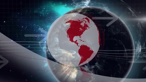 animation of globe and global communication network over horizontal arrows on cosmos sky