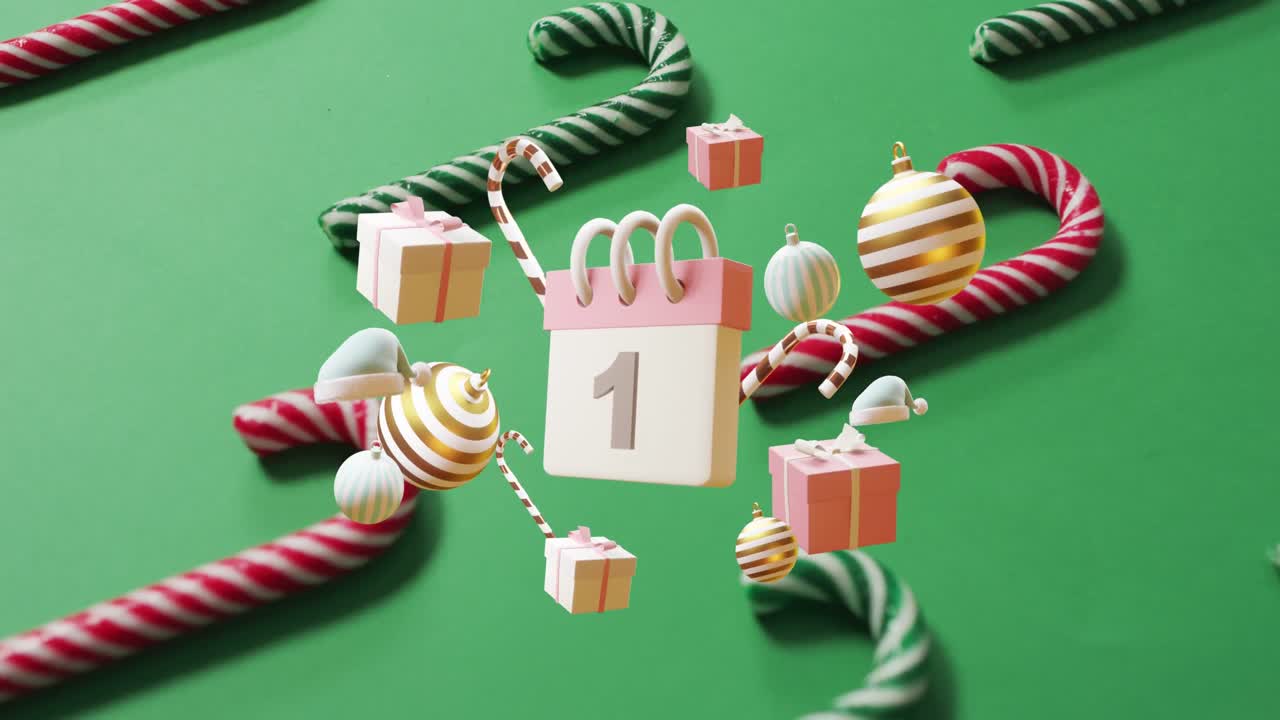 animación del calendario con fecha de 1 número y decoraciones navideñas