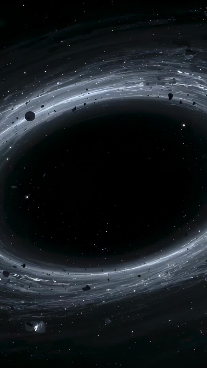Vertical video: Spinning black hole lensing light, shearing accretion disk in space with debris
