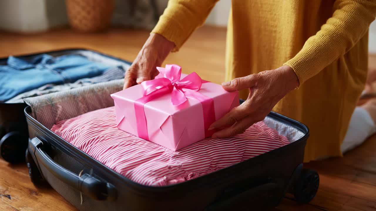 A Thoughtful Gift Wrapped in Pink Ribbon Placed in a Luggage Bag Among Clothes, Perfect for a Special Occasion or Surprise for Loved Ones During Travel