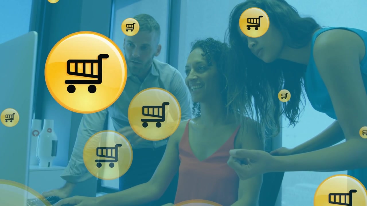 Animación de iconos de compras en línea sobre diversas personas de negocios.