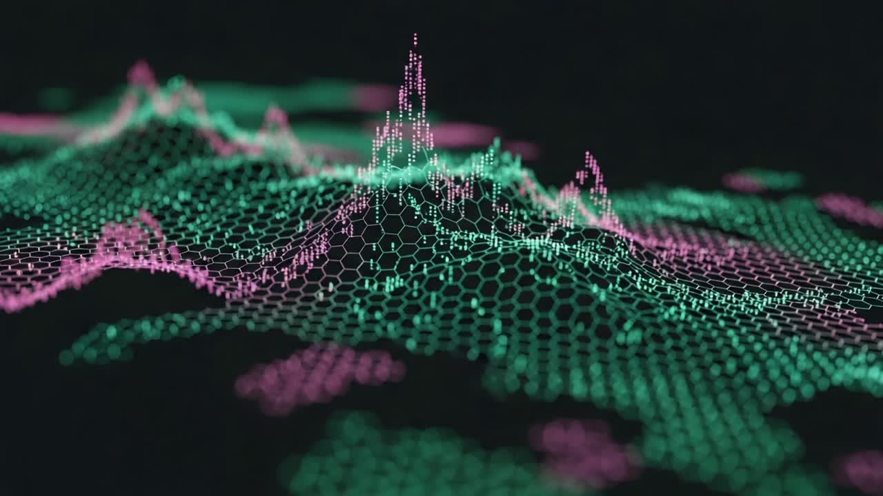Dynamic Visualization of Data: An Intricate Representation of a Digital Terrain with Hexagonal Patterns in Vibrant Colors and Depth Perception