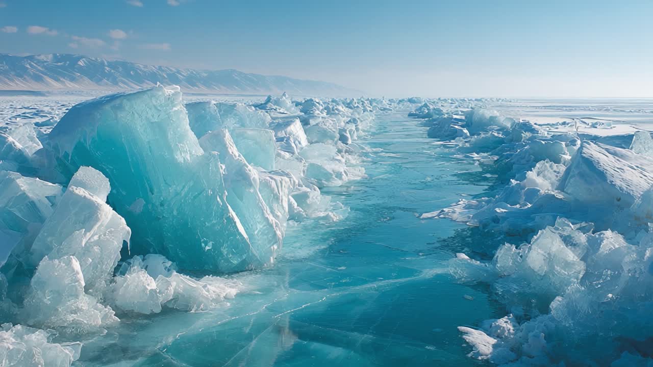 A Breathtaking Scene of Crystalline Ice Formations and Calm Waters, Showcasing Nature's Winter Beauty and the Serenity of Frozen Landscapes