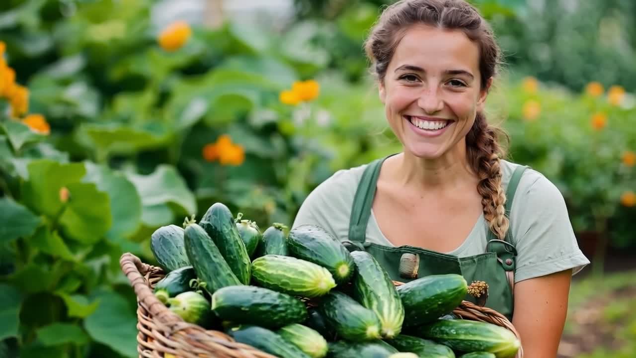 una mujer sosteniendo una canasta llena de pepinos en un jardín