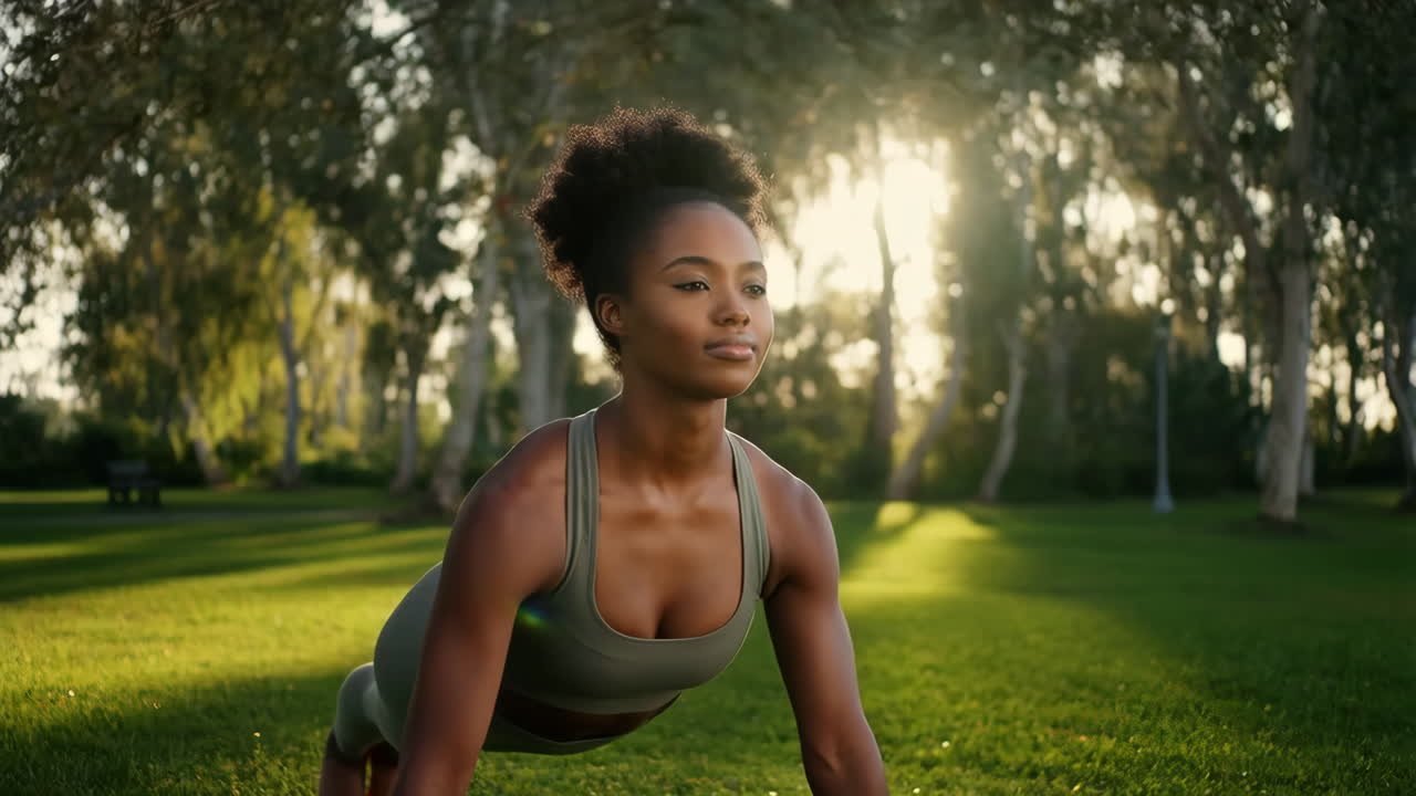 Young African American Woman Practicing Yoga in a Sunny Park