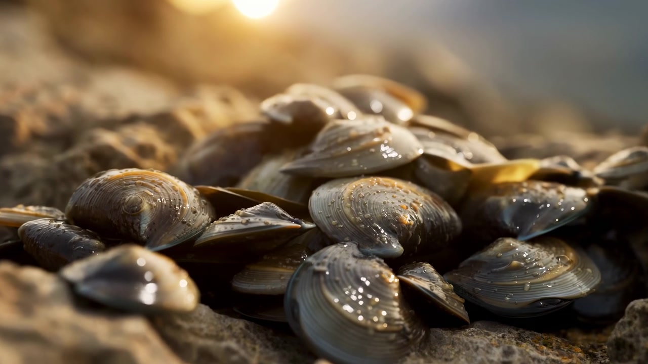 Low-angle view of clustered wet bivalve shells resting on rough coastal rock, showing glossy droplets, warm rim light, soft bokeh, textured surfaces, and calm marine atmosphere, with bivalve, shell