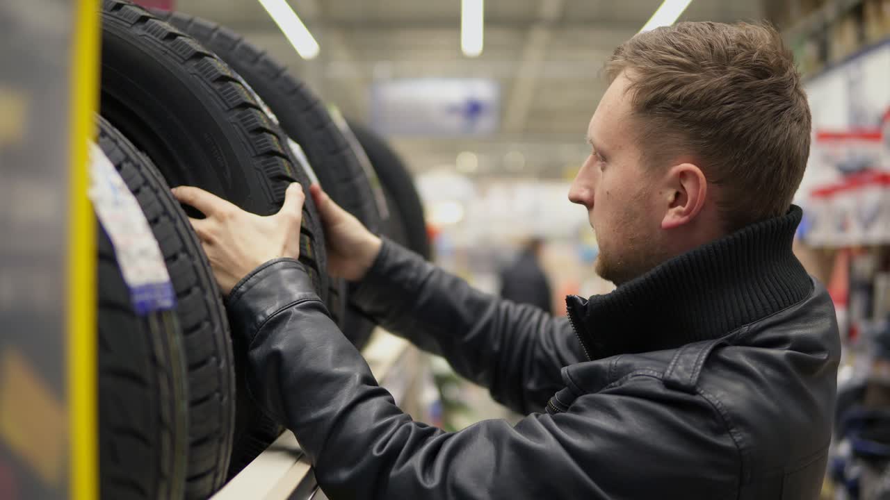 Young man looking over automobile tyres in the automotive department of the hypermarket and trying to choose while pressing on them