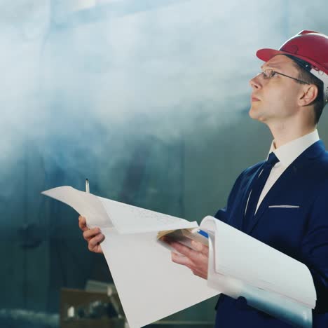 un joven ingeniero con casco estudia las obras en un gran hangar