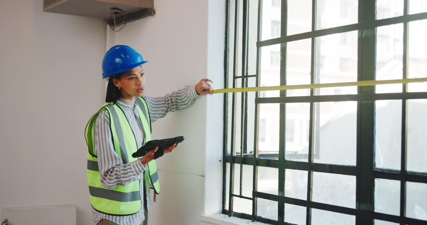 Construction Workers Measuring Window Frame in Renovation Project