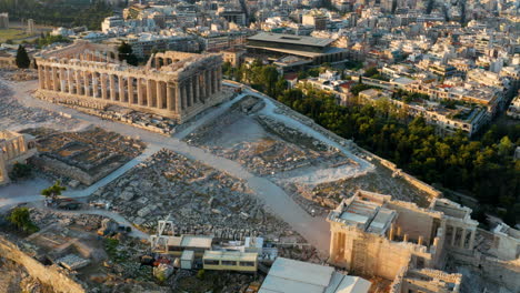 aerial view of the parthenon and the acropolis in athens, greece at sunrise/sunset.