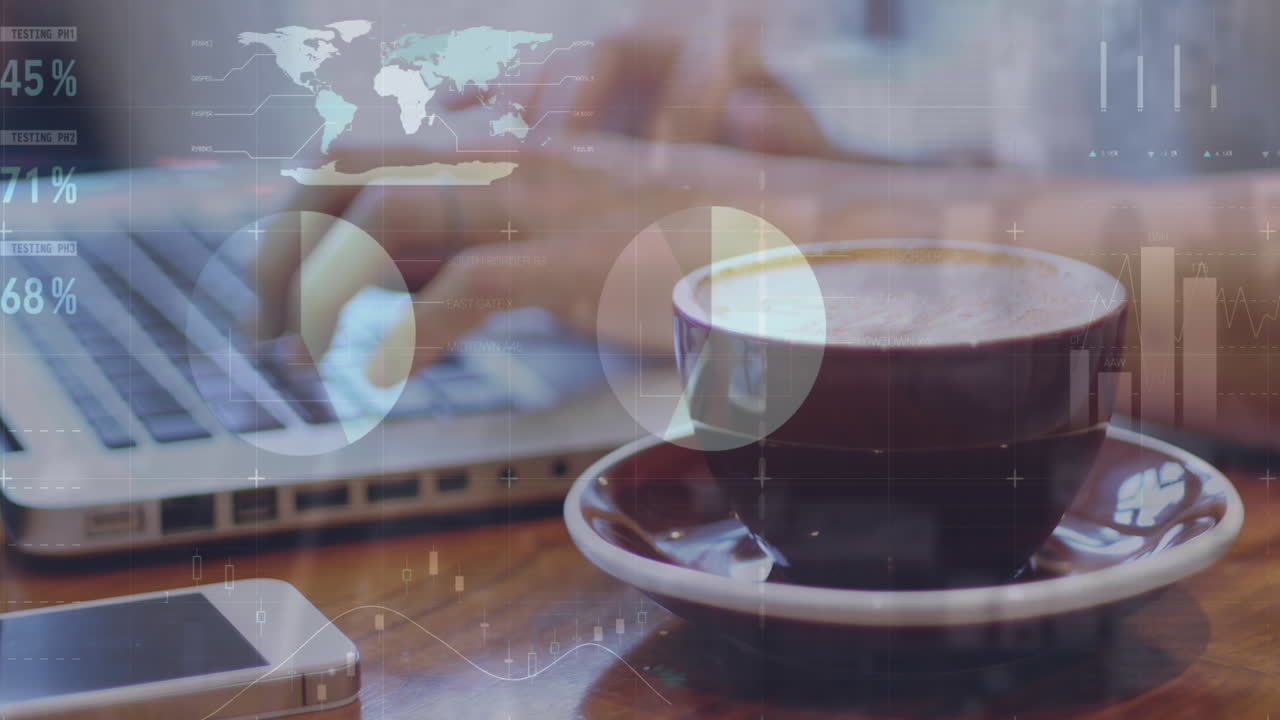 animación de procesamiento de datos estadísticos contra la sección media de un hombre usando una computadora portátil en una cafetería