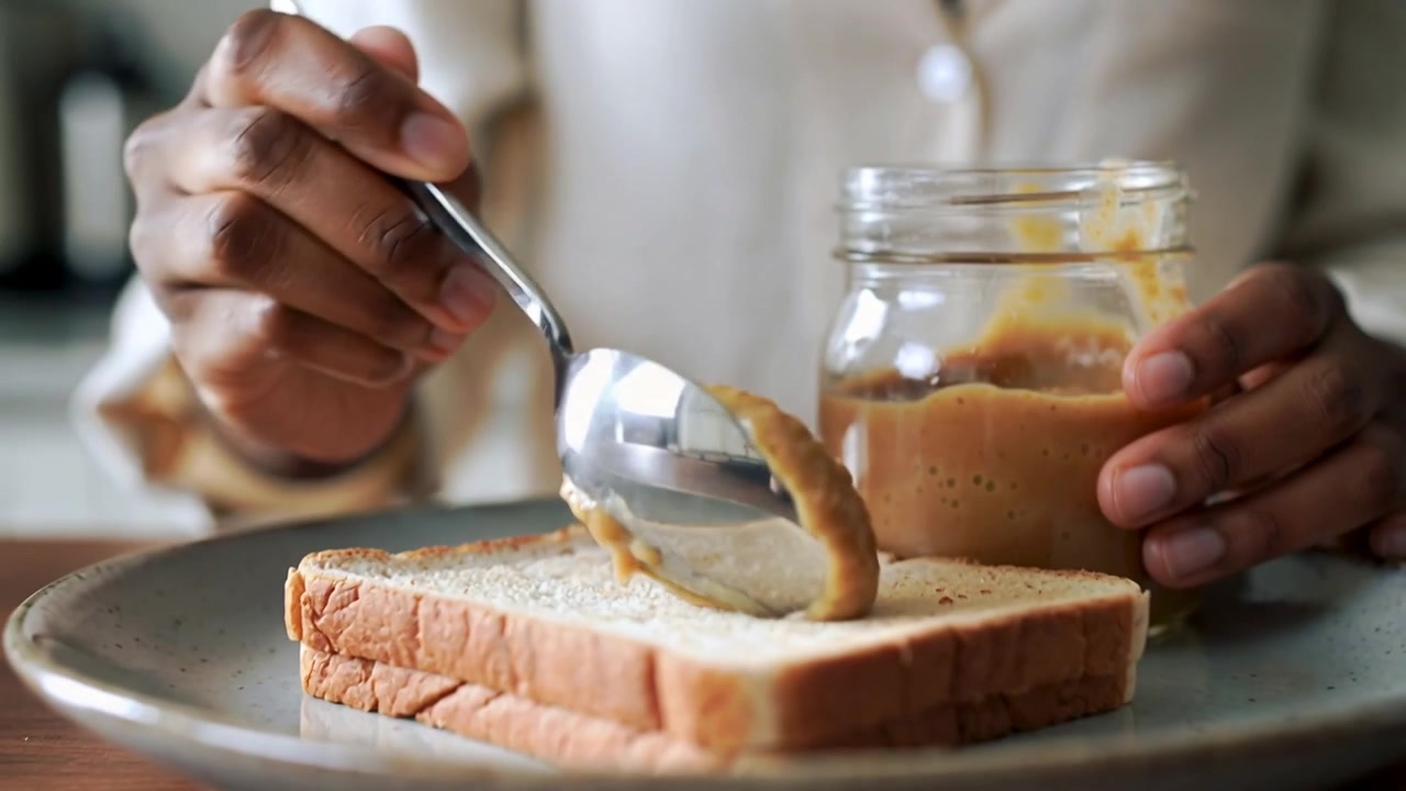 Stirring jar woman's hands spooning spread onto bread slice in kitchen making snack light shirt