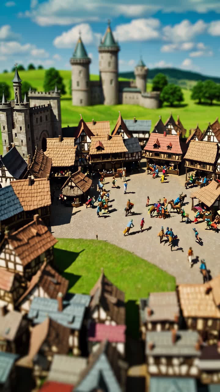 Mittelalterliches Miniaturdorf mit Burg und belebter Marktszene