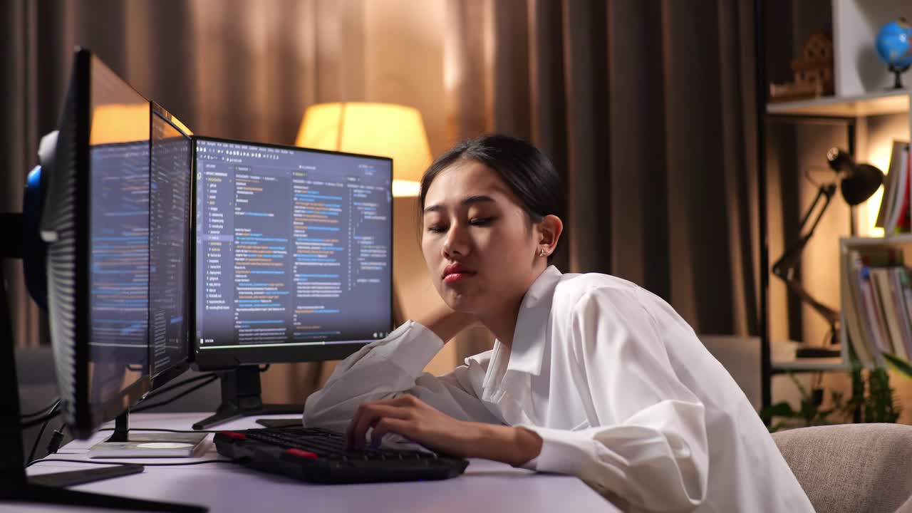 programadora asiática aburrida creando ingeniero de software desarrollando aplicaciones, programas, videojuegos en computadora de escritorio en casa. terminal con lenguaje de codificación