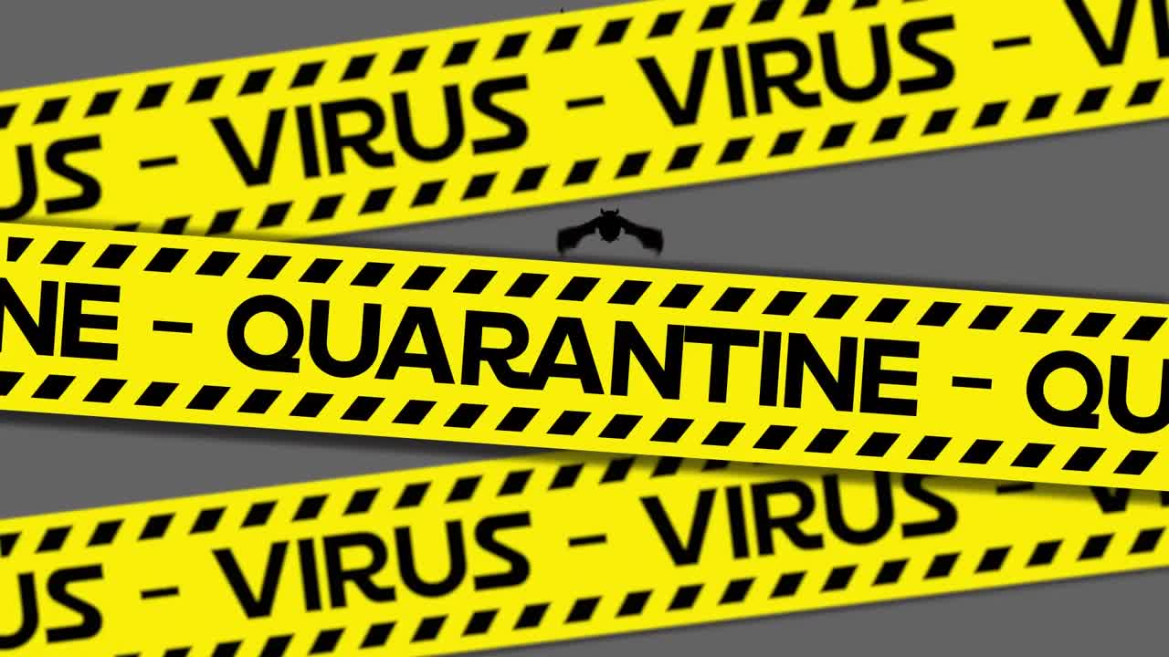 노란색 위험 테이프에 코로나바이러스 격리 경고 텍스트의 애니메이션, 박 ⁇  위, 회색