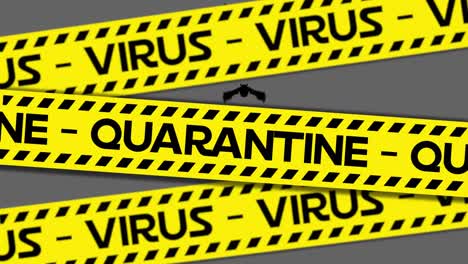 Animation-Des-Warntextes-Zur-Coronavirus-Quarantäne-Auf-Gelbem-Gefahrenband,-über-Fledermäusen,-Auf-Grau