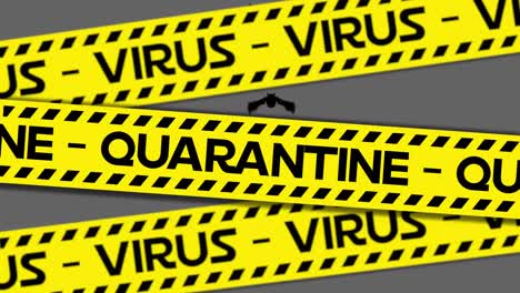 animación del texto de advertencia de cuarentena de coronavirus en cinta de peligro amarilla, sobre murciélagos, en gris