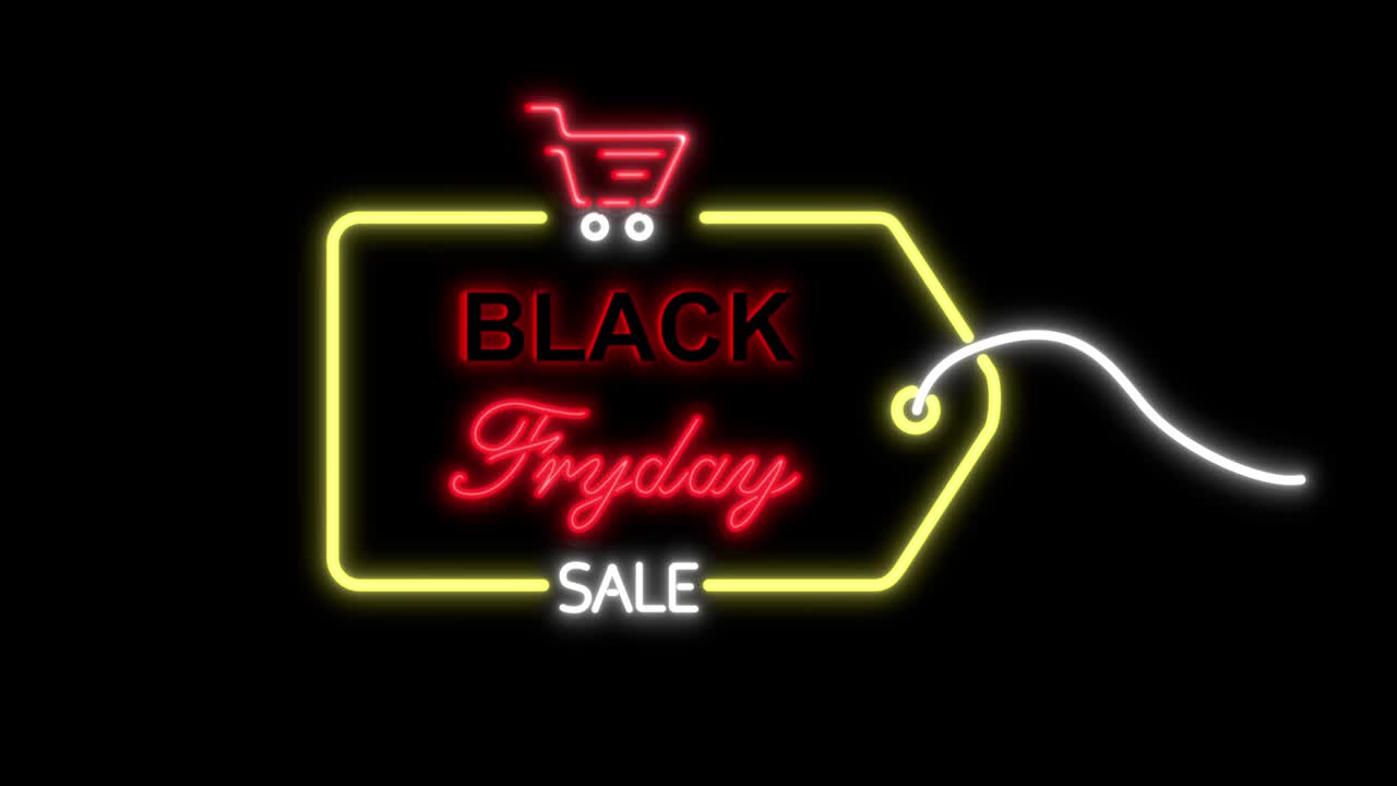 네온 표지판과 함께 블랙 프라이데이 광고: loopable 애니메이션 4k 3d 렌더링