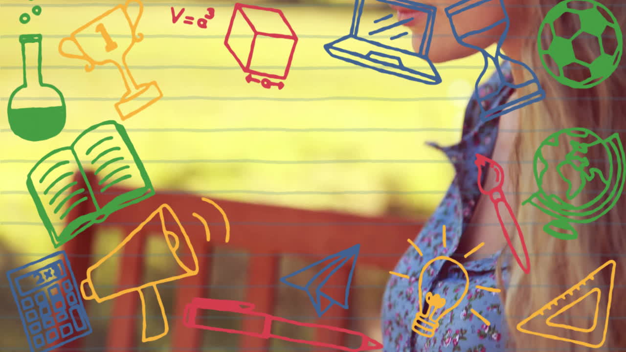 de pie cerca de la valla roja, persona con iconos educativos animación que los rodea