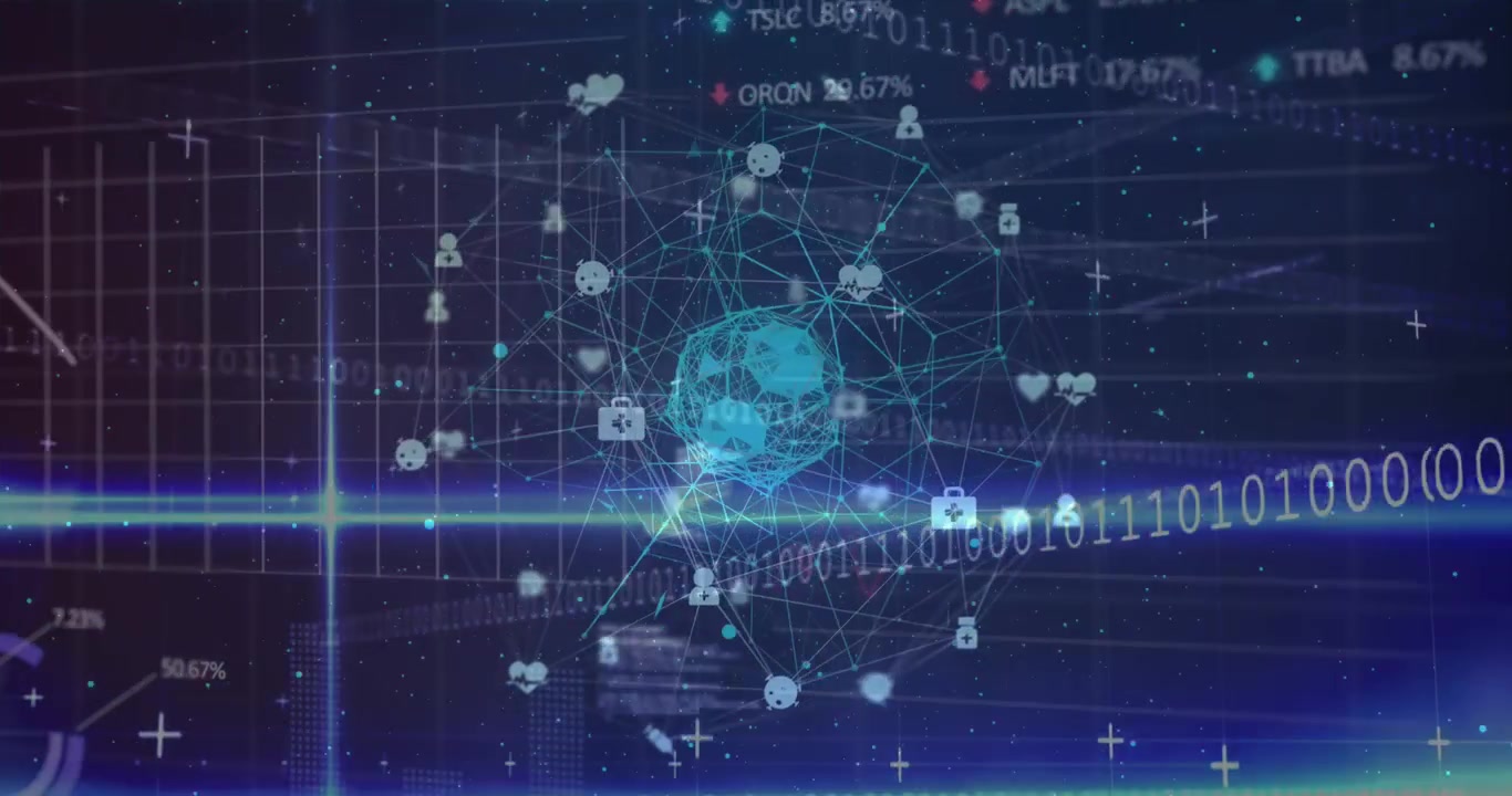 Animation of data processing, globe with connections and lights on navy background