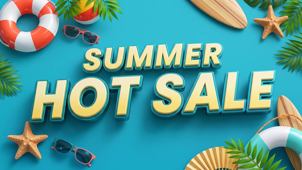 Sommer megaudsalg gul og blå kampagnetypografi med strandferie-tema dekorationer