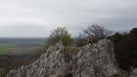 vertigo-traveller-with-backpack-reaching-the-top-of-a-sharp-mountain-cliff-flat-color-forest-hills